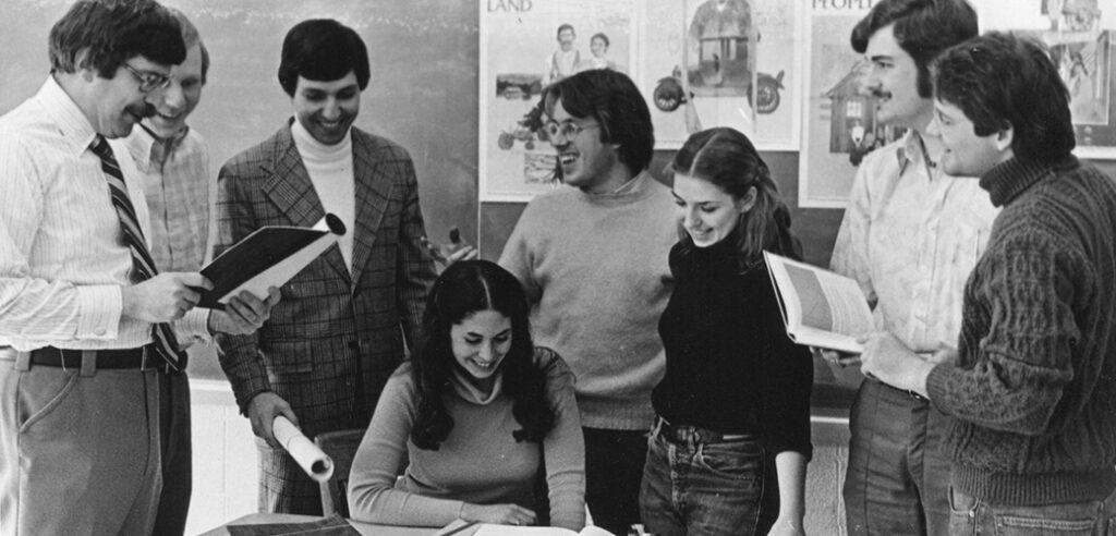 Former Gannon University business professors, Ron Volpe and Charles Bennett, with business students in 1978.